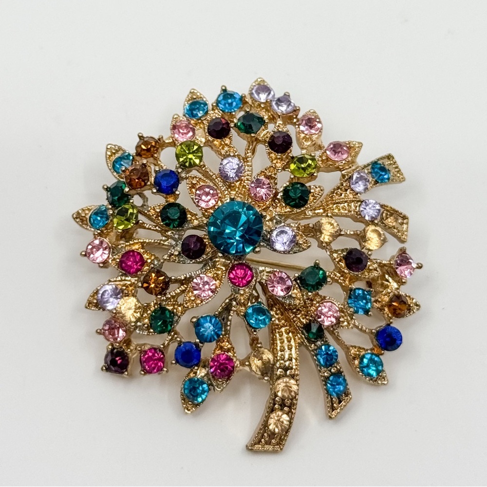 Vintage Napier Gold-Tone Jewel Tree Brooch with Multicolor Rhinestones